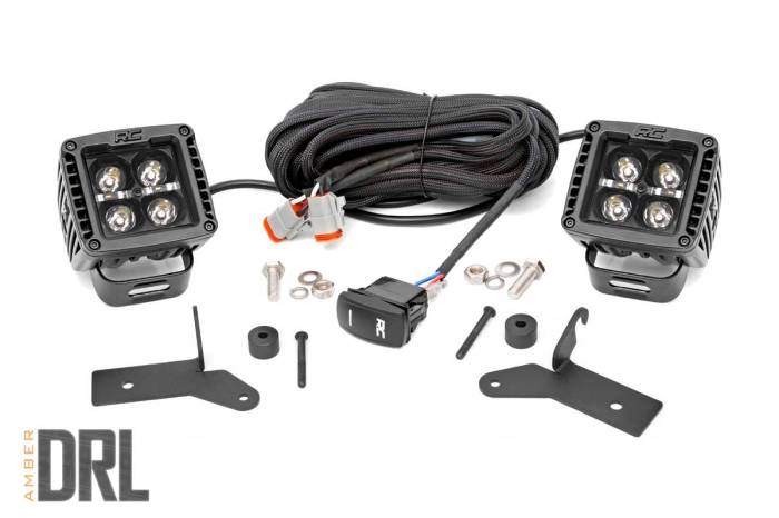 Rough Country - LED Light Kit Hinge Mount 2 Inch Black Pair Amber DRL Jeep Gladiator JT/Wrangler JL (18-26) Rough Country