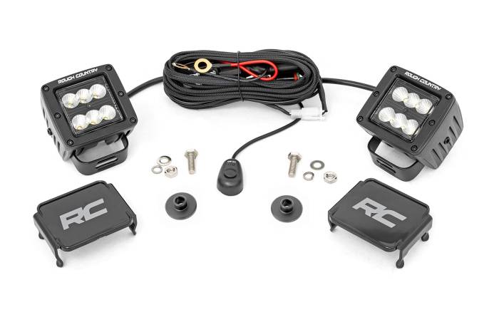 Rough Country - LED Light Kit Ditch Mount 2 Inch Black Pair Flood Pattern Ford Bronco (21-25) Rough Country