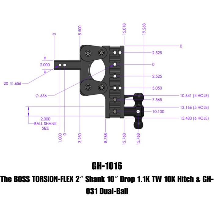 Gen-Y Hitch - Gen-Y The Boss Torsion-Flex 2in Shank 10in Drop 1.1K TW 10K Hitch w/GH-031 Dual-Ball - GH-1016