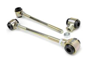 BDS Suspension Adjustable rear sway bar end links for Jeep Wrangler TJ and LJ with 2.5" to 6" lift. Highly responsive bushings reduce deflection for improved handling. Adjustable length allows you to set sway bar operating angle. Zinc plated for corrosion